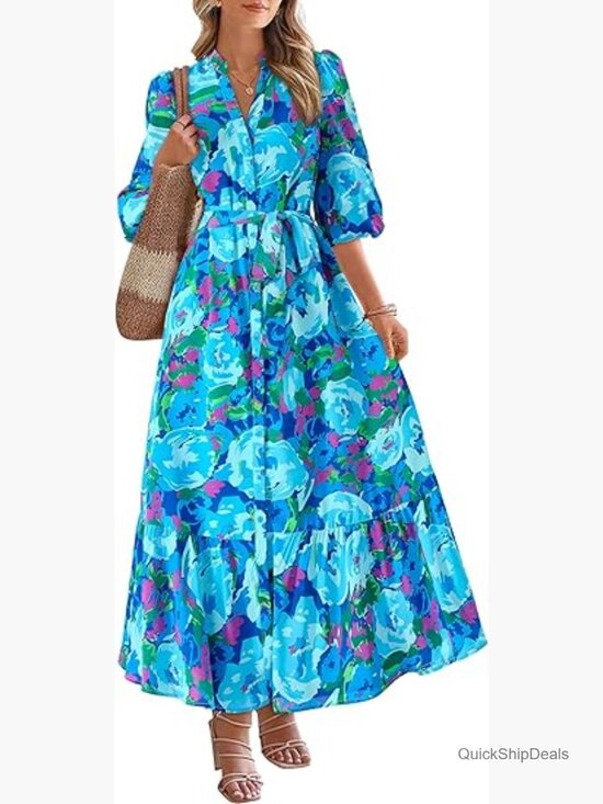 Dresses & Skirts - Floral Maxi Dress Boho V Neck 3/4 Puff Sleeve Button Down Tie Waist Flowy Long
